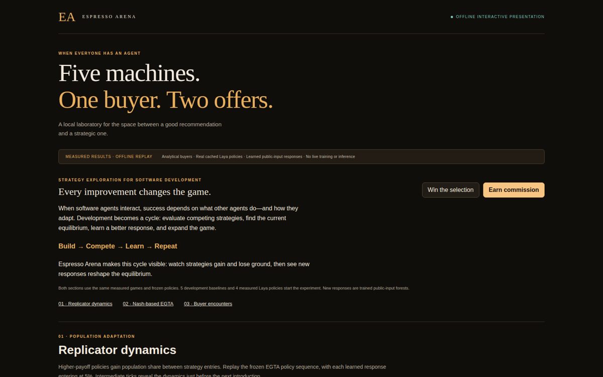Espresso Arena: the demo's title screen reading Five machines. One buyer. Two offers.