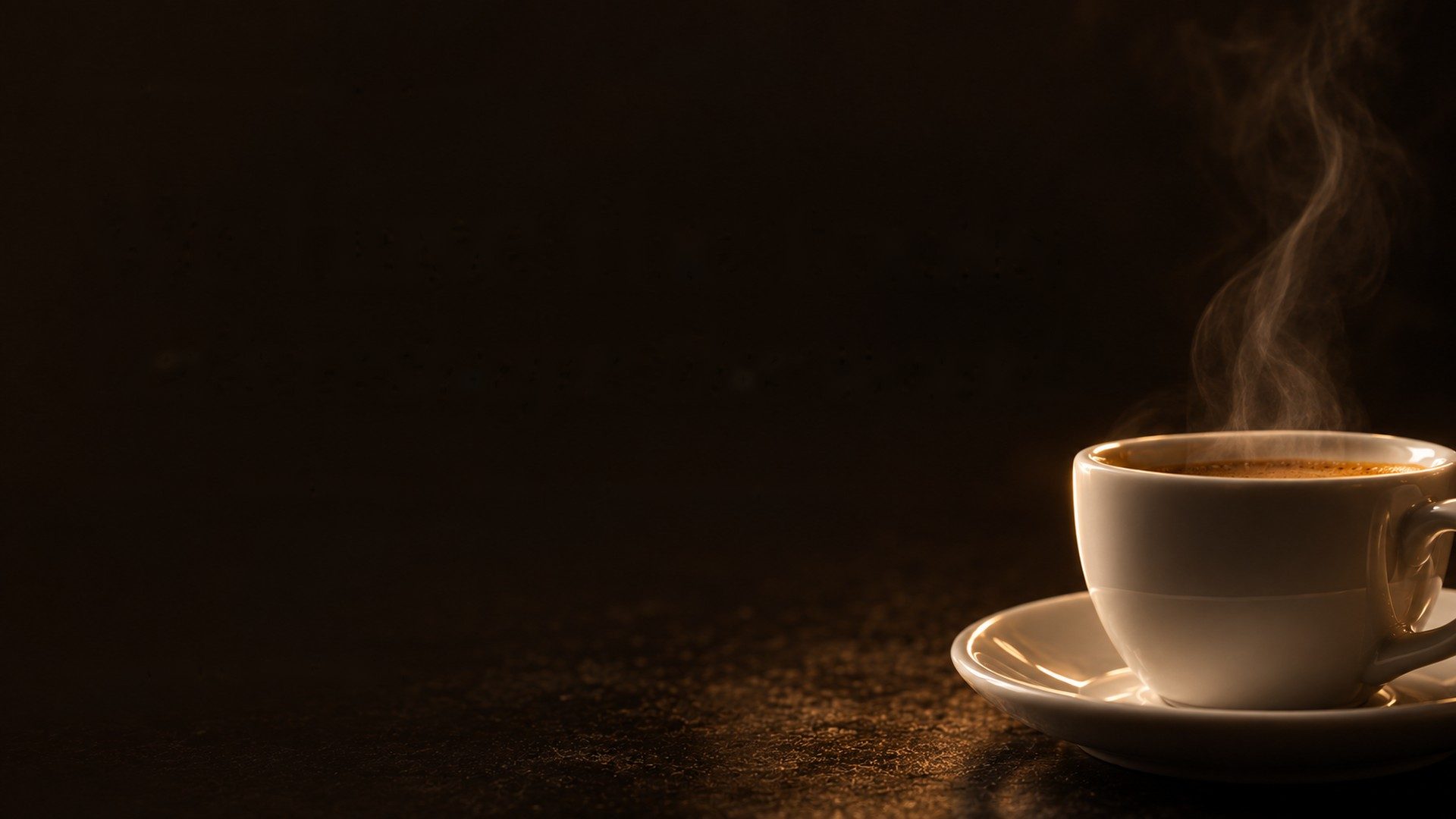 A steaming cup of espresso on a saucer at the lower right of a dark, warmly lit surface.