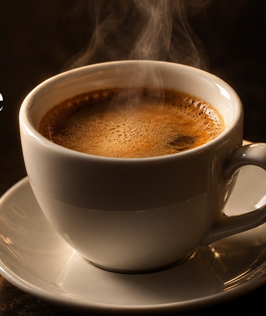A cup of espresso with golden crema on a saucer, steam rising, on a dark surface