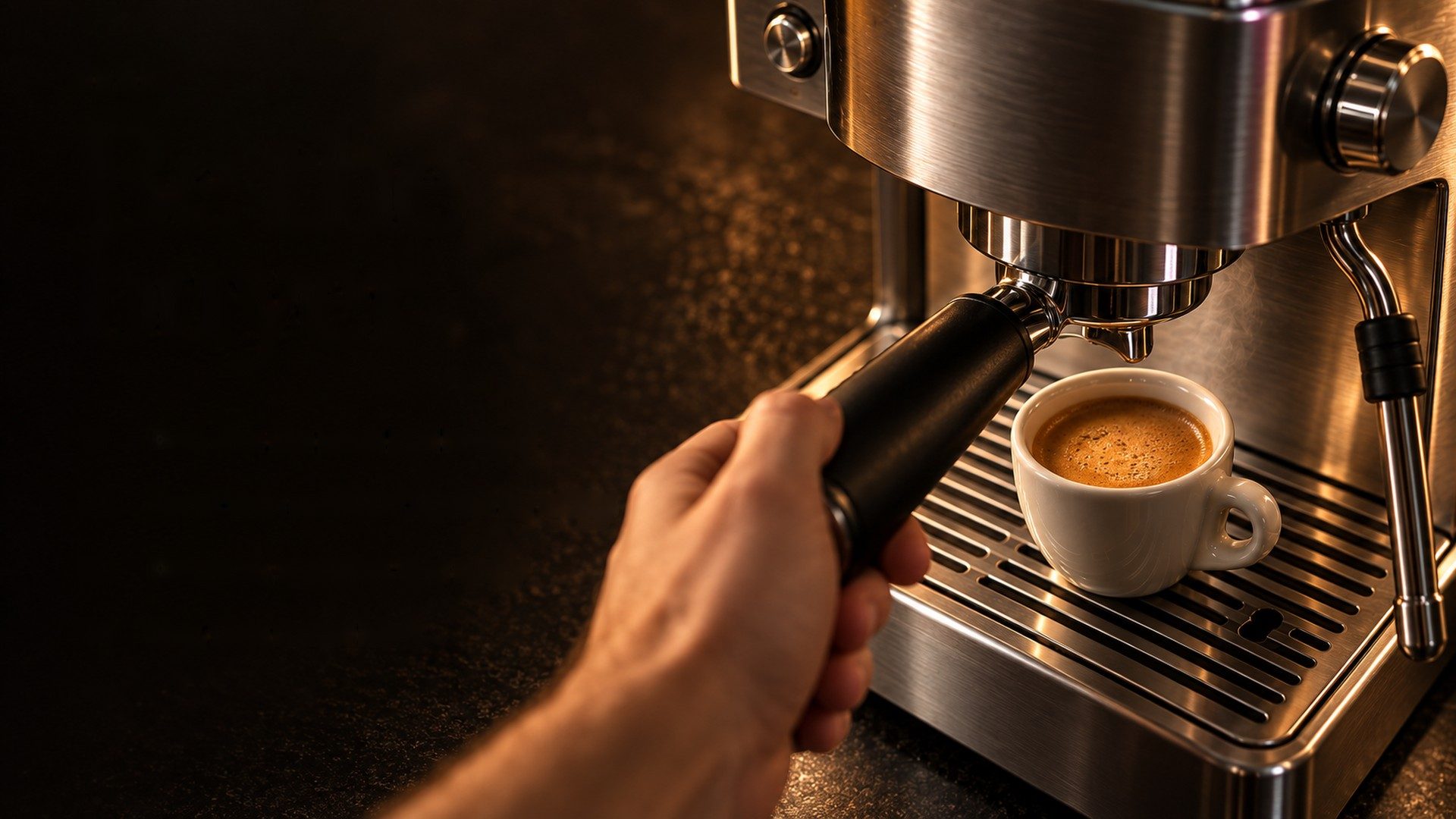 A hand locks a portafilter into a stainless espresso machine as a fresh shot sits in a white cup on the drip tray.