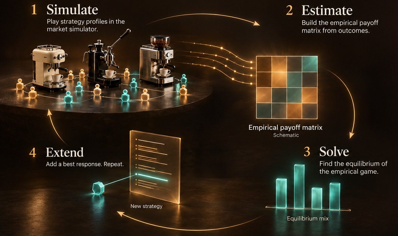 The EGTA loop drawn as a cycle. 1 Simulate: espresso machines and merchant agents play on a market table. 2 Estimate: glowing lines feed an empirical payoff matrix. 3 Solve: teal bars show the equilibrium mix. 4 Extend: a new strategy card is added, and an arrow returns to Simulate.