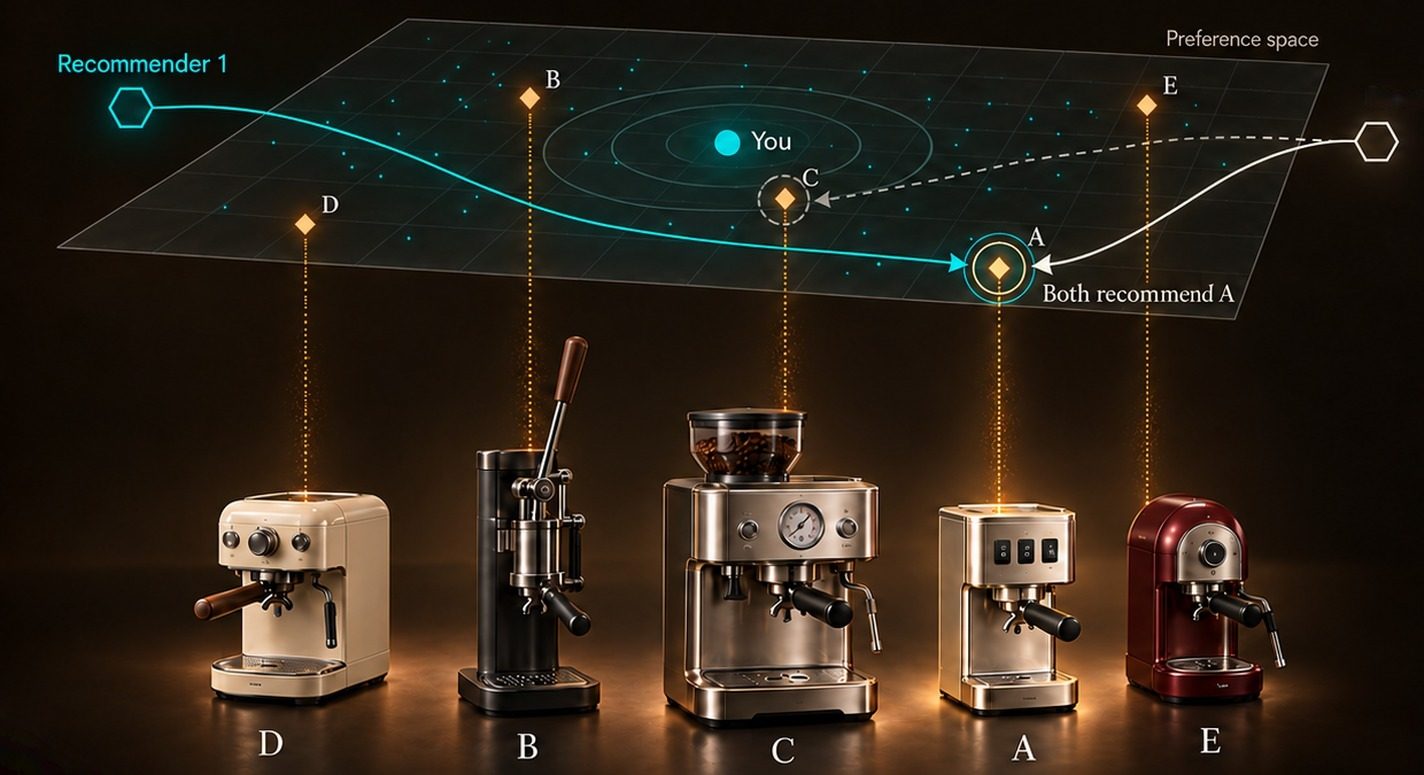 The preference-space grid above five espresso machines. Recommender 1's teal path and Recommender 2's path both end at product A, labelled Both recommend A. Recommender 2's earlier dashed path to C shows the move it abandoned.