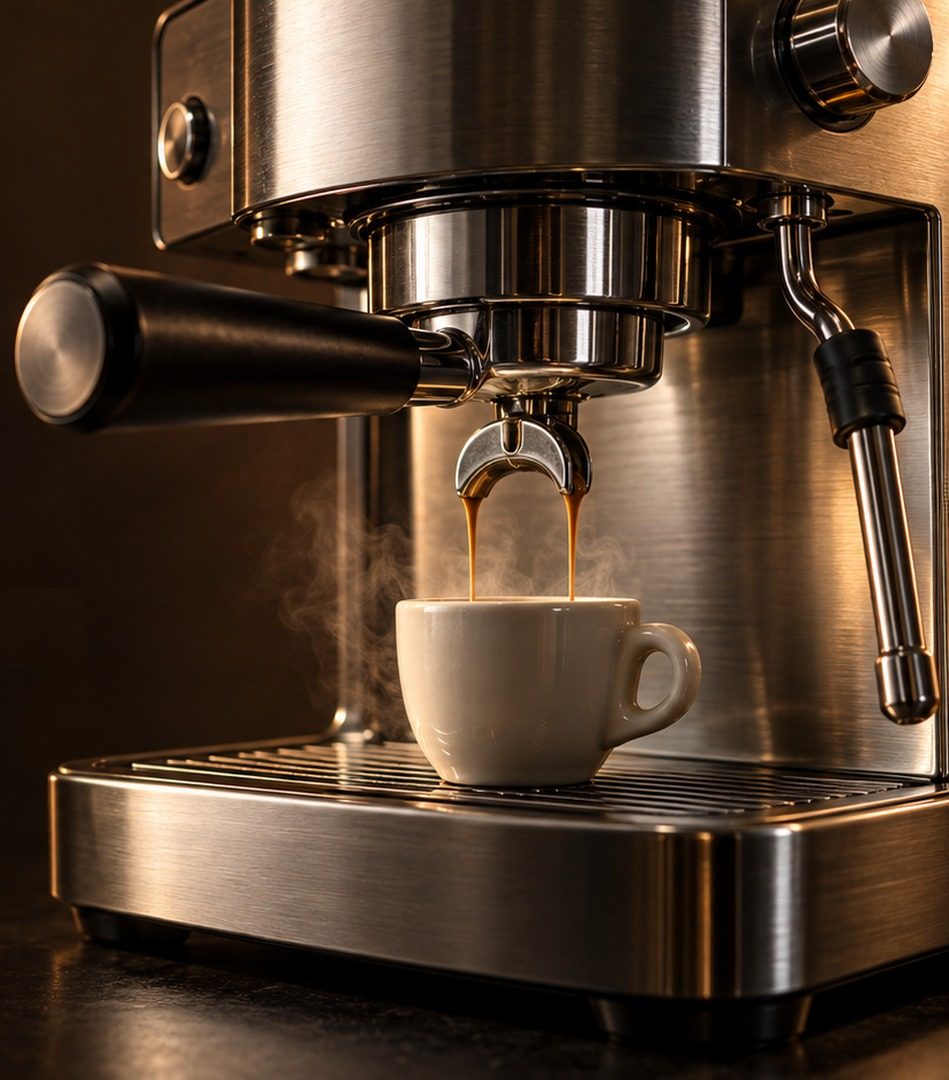 A stainless espresso machine pulling a shot into a white cup, steam rising, on a dark counter