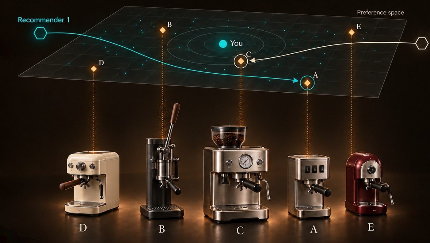 The preference-space grid above five espresso machines. Recommender 1, a teal hexagon at the left, draws a teal arrow to product A. Recommender 2, a cream hexagon at the right, draws an arrow to product C. The teal You point sits between them.