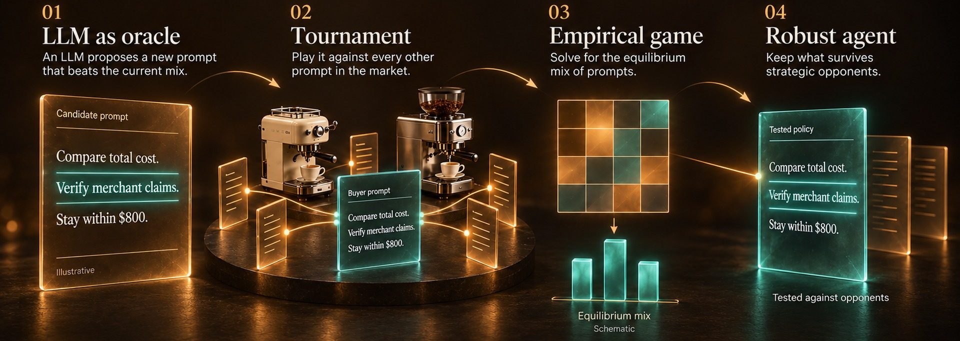Four steps left to right. 01 LLM as oracle: a glowing candidate-prompt card reading Compare total cost, Verify merchant claims, Stay within $800. 02 Tournament: the buyer prompt plays against other prompt cards around espresso machines on a round table. 03 Empirical game: a payoff matrix feeds equilibrium-mix bars. 04 Robust agent: a teal tested-policy card, tested against opponents.