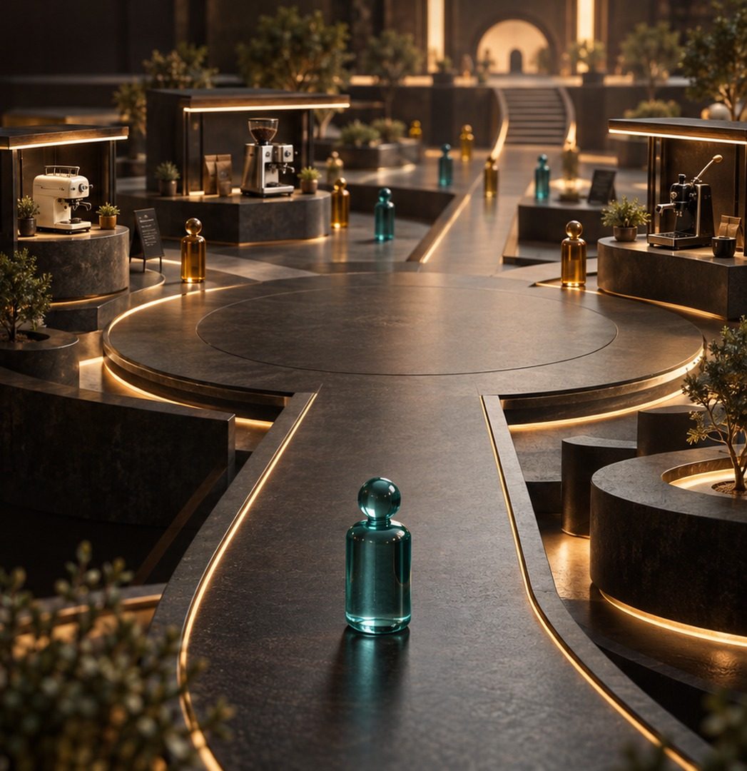A designed marketplace at night: lit stalls with espresso machines line curving paths with glowing edges. Amber and teal glass figures, the agents, move along the paths, and a teal agent walks the central path toward a round plaza.