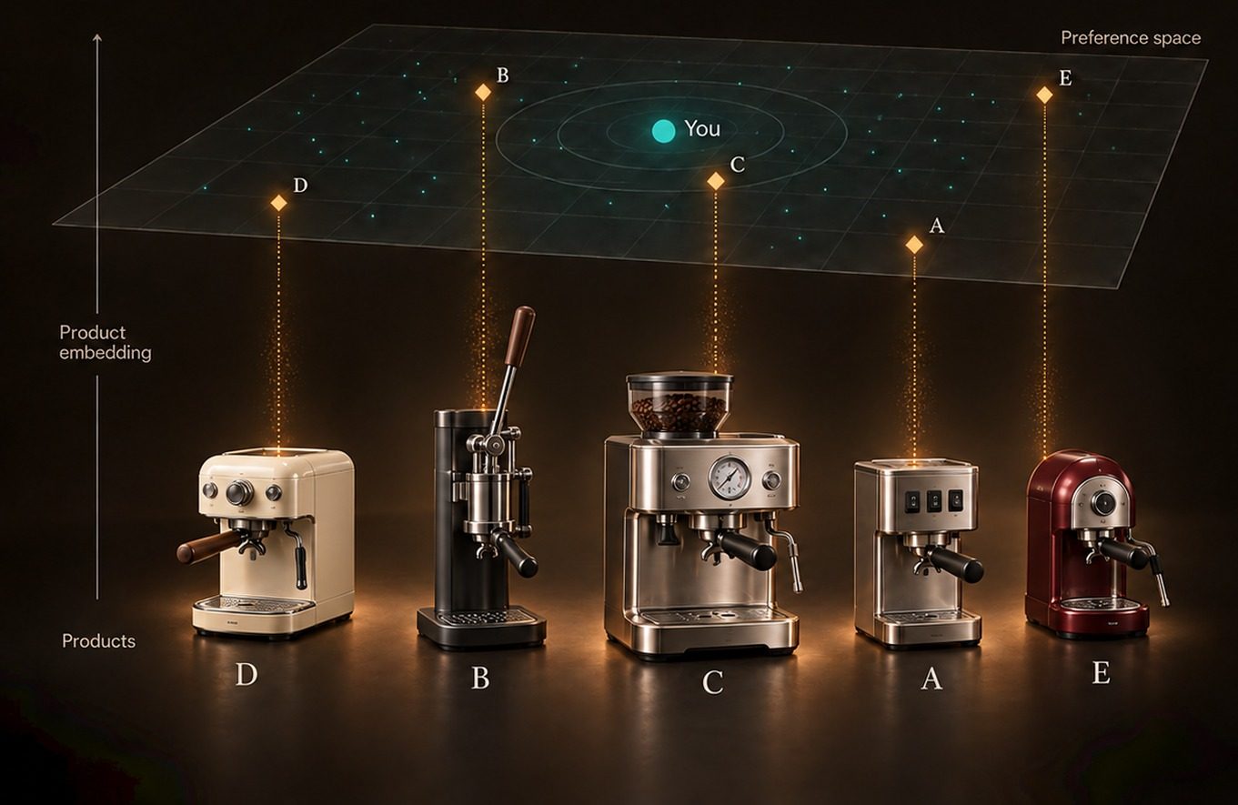 A tilted grid labelled preference space. A teal point marked You sits among faint teal buyer dots, with product points B, C and D nearby and A and E farther away. Glowing dotted lines drop from each product point to its espresso machine below: D a cream retro machine, B a lever machine, C a large dual-boiler with grinder, A a compact steel machine, E a red capsule-style machine.