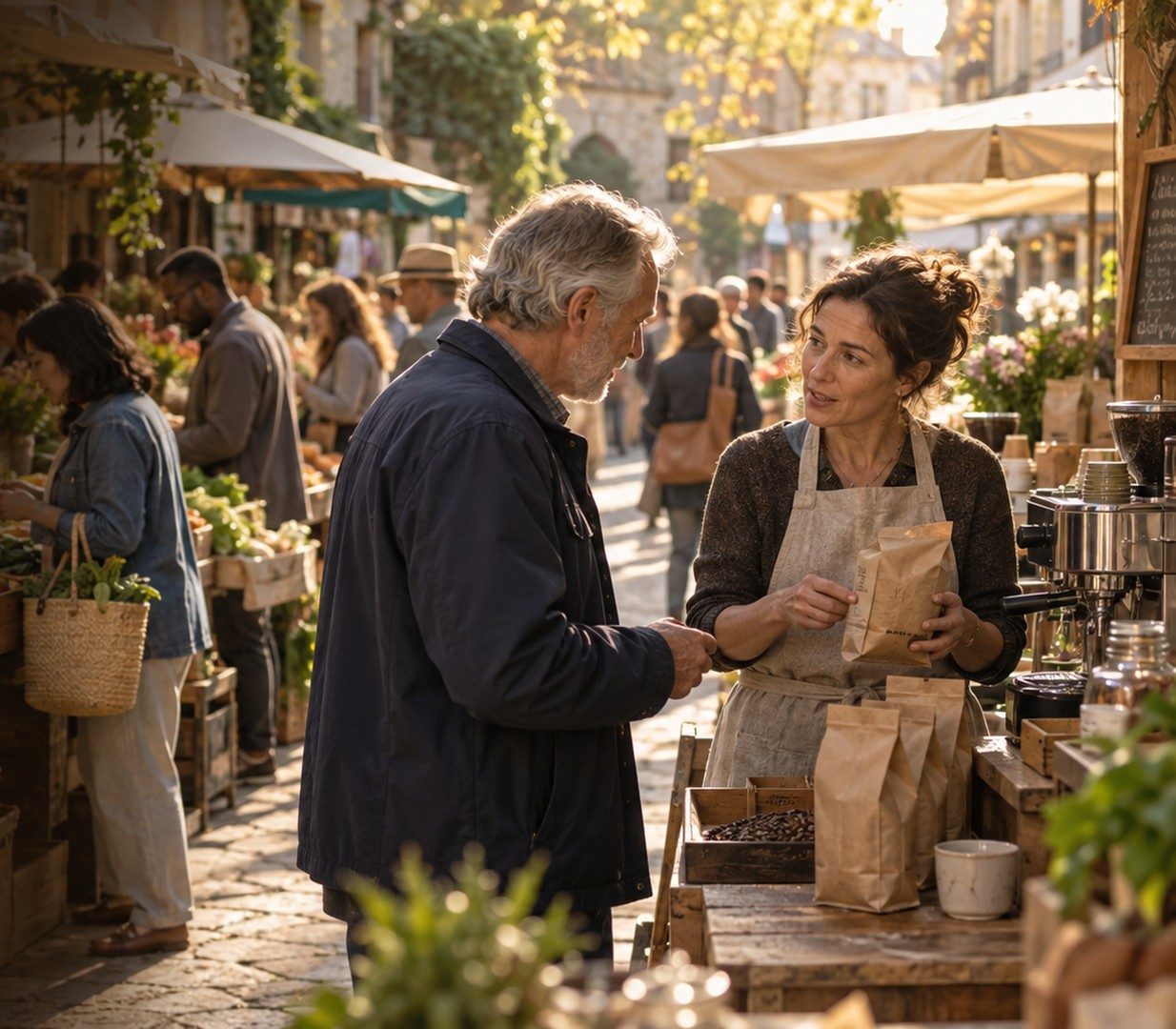 A sunlit open-air market. A grey-haired man talks with a coffee roaster in an apron who holds up a bag of beans at her stall, beside an espresso machine. Shoppers browse produce stalls behind them.